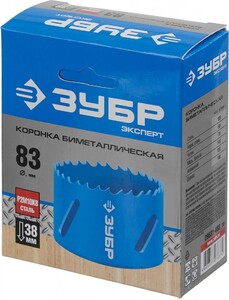 Коронка ЗУБР "ЭКСПЕРТ" биметаллическая, быстрорежущая сталь, глубина сверления до 38мм, d-83мм